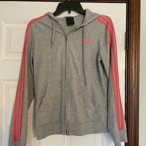 Lightweight hooded Adidas sweatshirt, gray with coral stripes